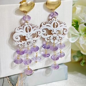 Orecchini cammeo  conchiglia sardonica , orecchini pietre ametista e argento 925 placcato oro , gioielli italiani