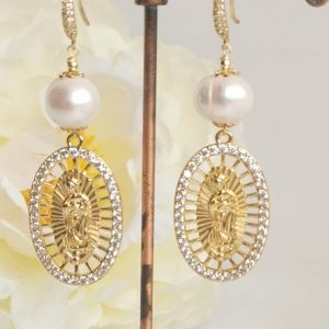 Orecchini perle  bianche e  medaglietta Madonna, orecchini zirconi