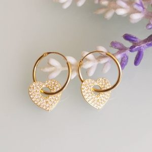 Orecchini a cerchio con pendente Cuore con zirconi , orecchini argento 925 placcato oro