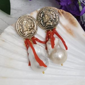 Orecchini perle barocche e corallo, orecchini monete argento 925, , gioielli italiani