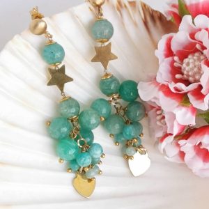 Orecchini grappolo pietre dure amazzonite , orecchini stelle e cuori argento 925 placcato oro