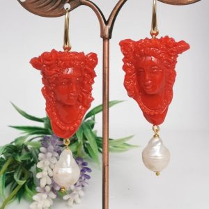 Orecchini cammeo corallo e perle bianche barocche , orecchini argento 925 , gioielli italiani