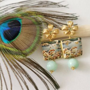 Orecchini ceramica Caltagirone, orecchini pietre dure agata verde acqua , orecchini siciliani