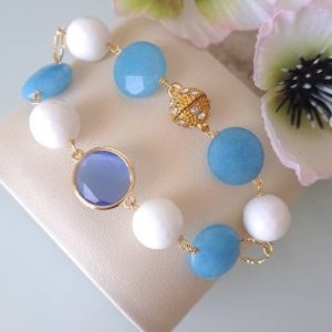 Bracciale  pietre dure onice bianco, quarzo e angelite blu