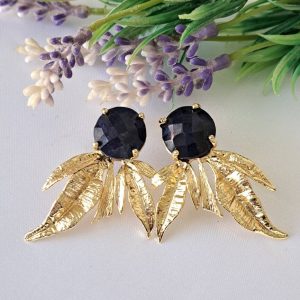 Orecchini pietre dure radice di zaffiro e foglie ottone,  orecchini Art Deco