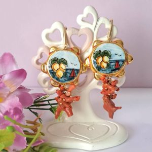 Orecchini ceramica Caltagirone, orecchini corallo naturale e argento 925 placcatooro, orecchini siciliani