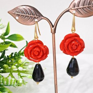 Orecchini  rose corallo e gocce onice , orecchini argento 925 , gioielli italiani