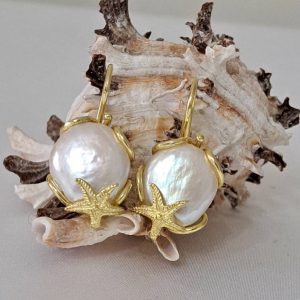 Orecchini perle barocche bianche e stelle marine argento 925 placcato oro , gioielli italiani
