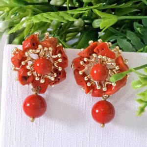 Orecchini corallo rosso mediterraneo e perle pasta di corallo, gioielli italiani