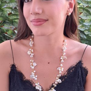 Set FLORA collana, bracciale e orecchini con perle barocche bianche e pietre onice bianco, parure gioielli