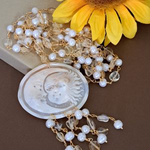 Collana cammeo conchiglia sardonica, collana pietre dure quarzo citrino e perle bianche , gioielli italiani