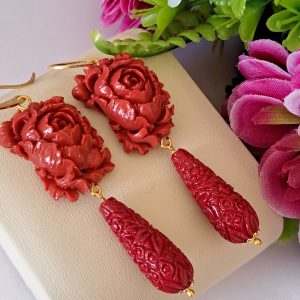Orecchini rose corallo rosso, orecchini goccia corallo, orecchini argento 925 , gioielli italiani