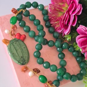 Collana  ceramica Caltagirone e pietre dure agata verde ,  collana siciliana