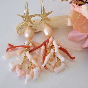 Orecchini corallo rosa naturale pelle d'angelo , orecchini stelle argento 925 placcato oro , gioielli italiani