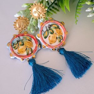 Orecchini ceramica Caltagirone, orecchini tamburelli siciliani con nappe