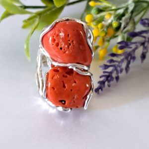 Anello maxi corallo rosso mediterraneo , anello argento 925 , gioielli italiani