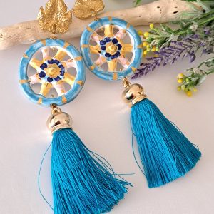 Orecchini ruote carretto siciliano in ceramica Caltagirone, nappe turchese , orecchini siciliani