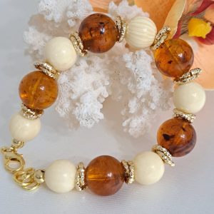 Bracciale  perle ambra imitazione e avorio imitazione, bracciale maxi