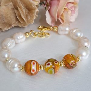 Bracciale perle bianche con perle Murine millefiori