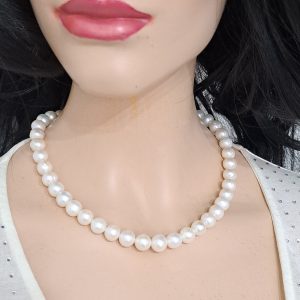 Collana girocollo perle bianche con argento 925 con zirconi,  gioielli italiani