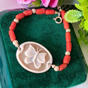 Bracciale corallo con cammeo conchiglia sardonica  e argento 925, gioielli italiani