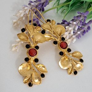 Orecchini Art Deco in ottone con pietre onice nero e agata rossa,  orecchini maxi
