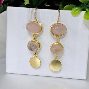 Orecchini pietre dure quarzo rosa, orecchini monete ottone