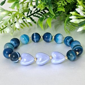 Bracciale pietre dure agata blu con cuori ceramica,  bracciale San Valentino