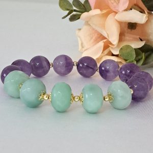 Bracciale  pietre dure ametista viola e amazzonite , bracciale maxi