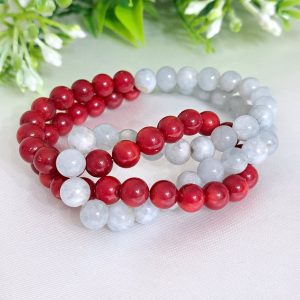 Bracciale perle corallo rosso e pietre acquamarina, bracciale 2 fili elastico
