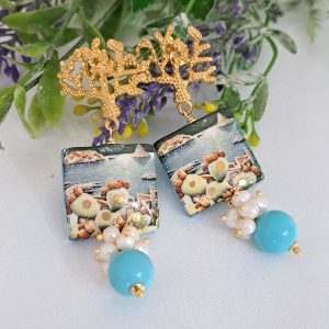 Orecchini piastrelle ceramica Caltagirone, orecchini perle bianche e turchese , orecchini siciliani
