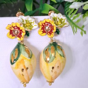 Orecchini limoni ceramica di Caltagirone , orecchini fiori , orecchini siciliani
