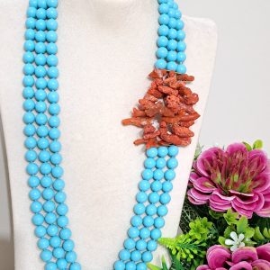 Collana perle pasta turchese e corallo rosso mediterraneo , collana a 3 fili, collana maxi