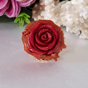 Anello fiore con corallo rosso naturale , anello maxi