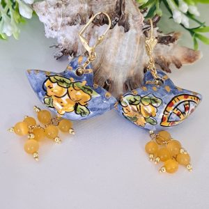 Orecchini borsette ceramica di Caltagirone,orecchini quarzo  giallo,orecchini siciliani