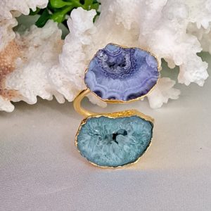 Anello maxi pietre dure agata druzzy , anello ottone