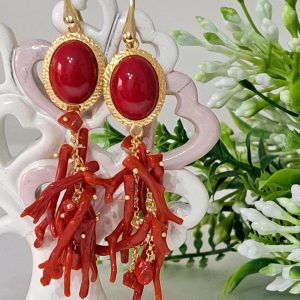 Orecchini corallo rosso naturale, orecchini argento 925 placcato oro , gioielli italiani