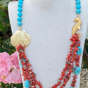 Collana corallo rosso mediterraneo naturale e pietre turchese , collana maxi cavalluccio marino e conchiglia