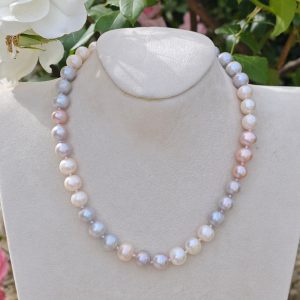 Collana girocollo perle bianche, grigio e rosa con argento 925 placcato oro,  gioielli italiani