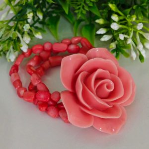 Bracciale corallo rosa e rosa maxi , bracciale 3 fili