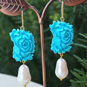 Orecchini rose turchese e perle barocche bianche , orecchini argento 925 , gioielli italiani