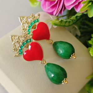 Orecchini  cuore sacro e pietre goccia agata verde  , orecchini ex voto , orecchini barocchi