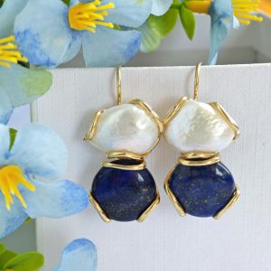 Orecchini perle barocche bianche, lapislazzuli  e argento 925 , gioielli italiani