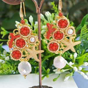 Orecchini corallo rosso naturale e perle barocche , orecchini stelle marine argento 925 placcato oro , gioielli italiani