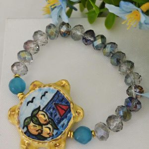 Bracciale tamburello in ceramica di Caltagirone con cristalli, bracciale siciliano