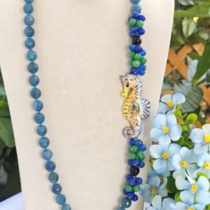 Collana ceramica Caltagirone, pietre dure agata , collana cavalluccio marino, collana siciliana