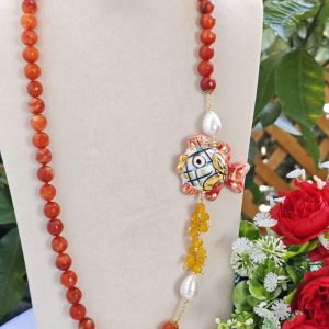 Collana ceramica Caltagirone con pietre dure agata , collana siciliana