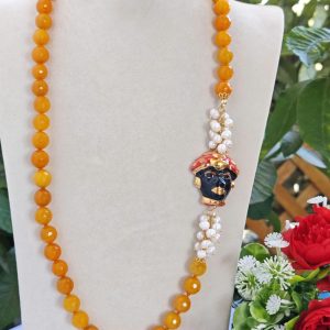 Collana testa di moro ceramica Caltagirone, collana pietre dure agata gialla , collana siciliana