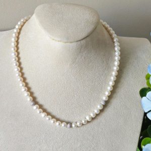Collana perle bianche con argento 925 con zirconi , collana girocollo, collana sposa
