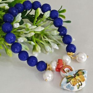 Bracciale borsetta ceramica di Caltagirone e pietre dure agata blu , bracciale siciliano